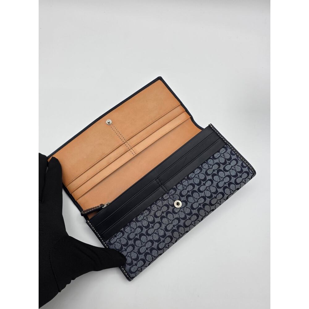 Coach Signature Long Flap Wallet Navy Blue Jacquard Leather Trim Clutch Wallet - Picture 8 of 15